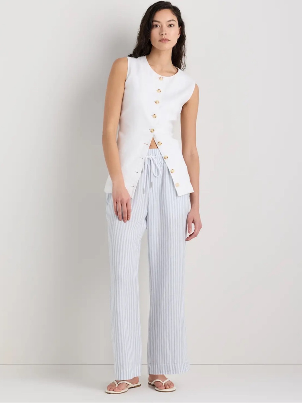 Quince Light Blue & White Striped Wide-Leg Linen-Blend Pants - Picture 2 of 10